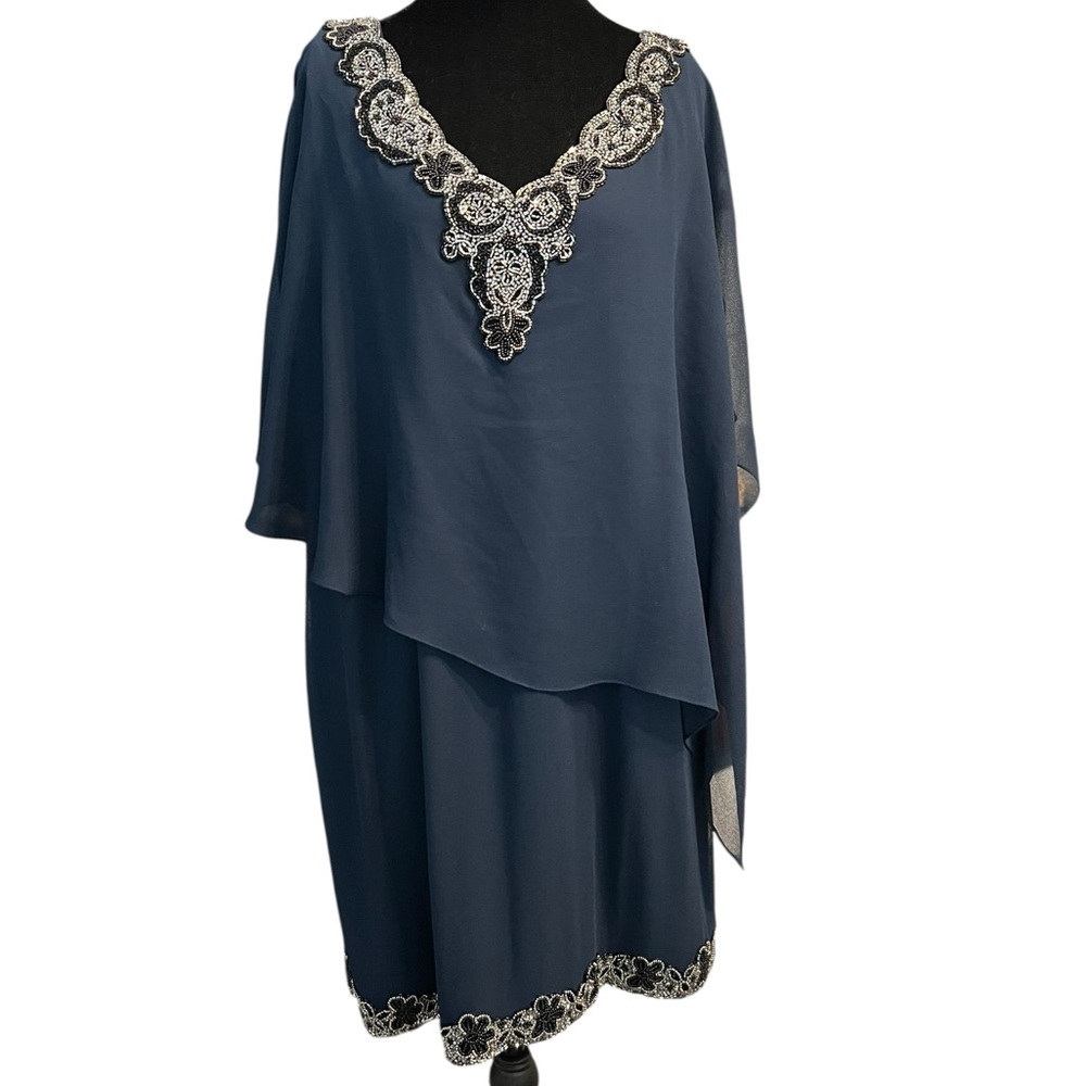 JKARA Navy Petite Beaded Cocktail Dress Womens 16P